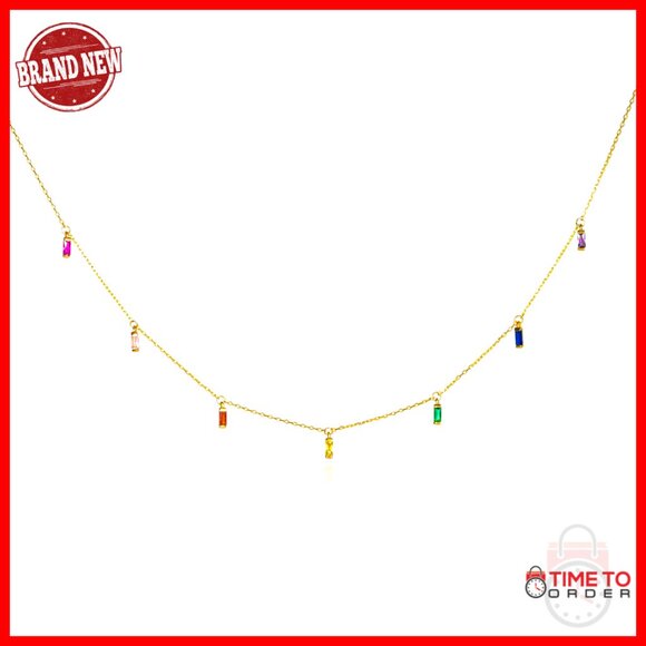 Dainty 925 Sterling Silver Necklace with 7 Rainbow Charm Stones 16